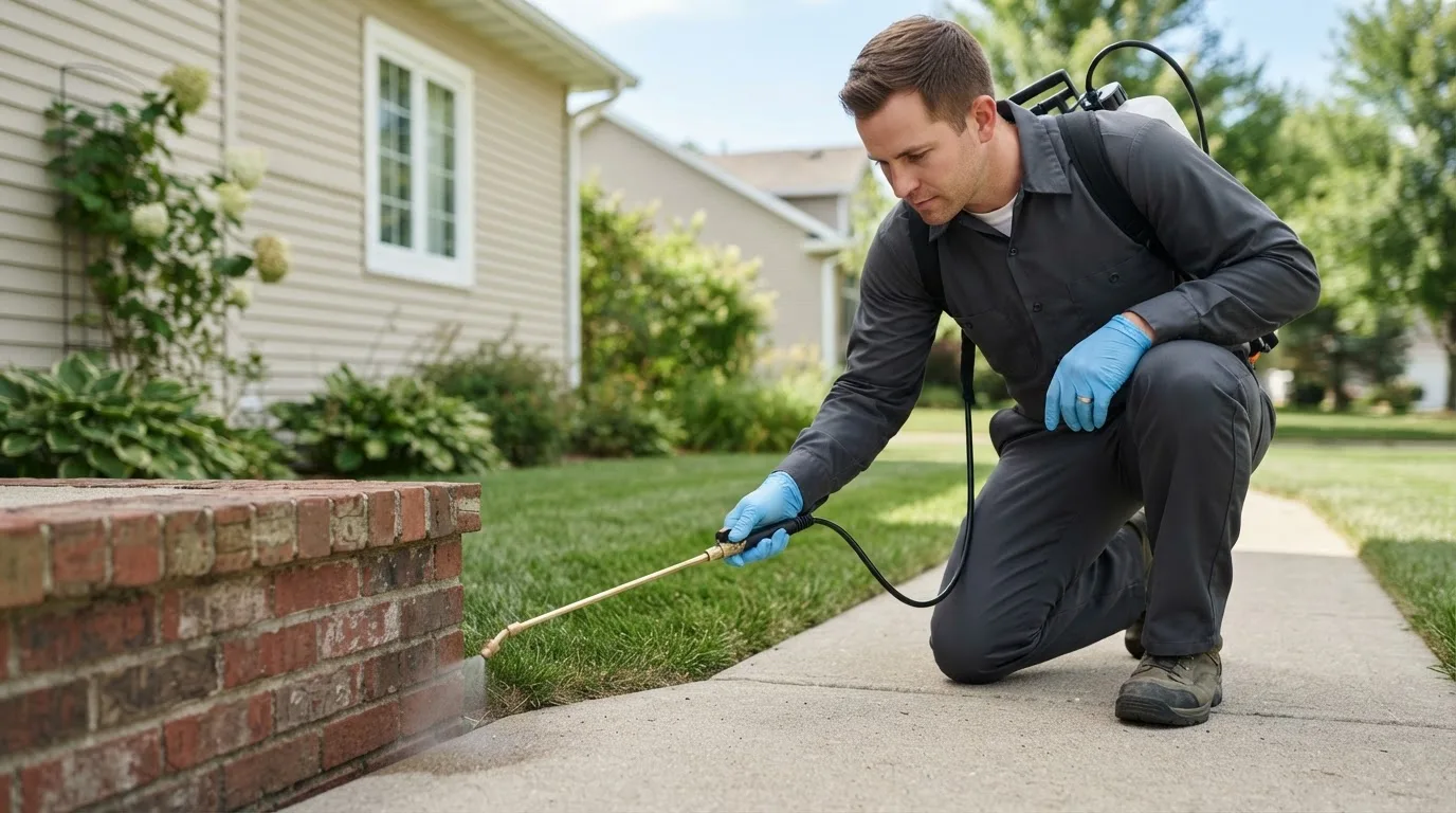 Pest control technician treating a home near Oradell, NJ